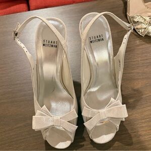 Stuart Weitzman Satin Ivory Bow Slingback Heels
